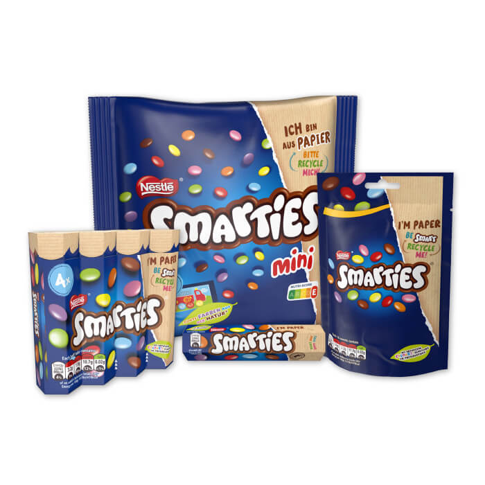 Smarties confectionery recyclable paper packaging by Nestlé